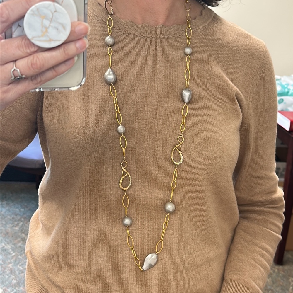 20” Alexis Bittar gold and freshwater pearl style long, adjustable, necklace.